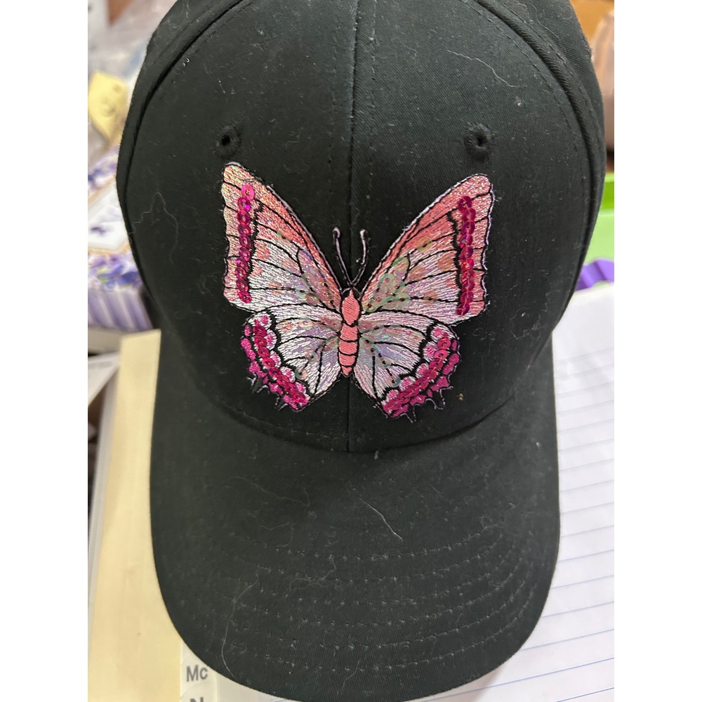 Black Otto Baseball Cap Embroidered Pink Butterfly One Size Fits Most Adjustable